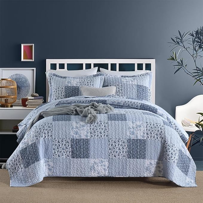 ENASAL Cotton Bedspread Quilt Bedding Sets Reversible Coverlet Sets Comforters Rustic Floral White Blue Patchwork Pattern Bedspread for All Season, King Size