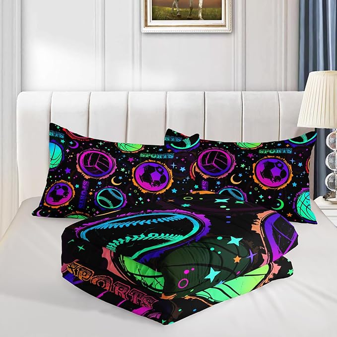Ball Games Bedding Basketball Football Baseball Queen Comforter Set,Colorful Neon Stars and Moon Bedding Set for Kids Girls Boys Room Decor,Sports Aesthetic Bedding Sets with 2 Pillowcases.
