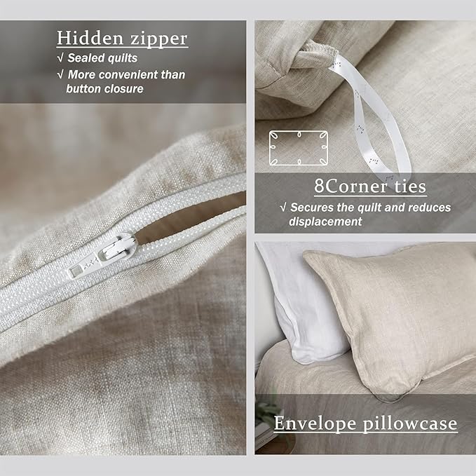 XZ XIFA Linen Duvet Cover Set, 100% Washed Textured French Flax Linen Bedding with Zipper Closure, Cooling for Hot Sleepers- 1 Duvet Cover and 2 Pillowcases (Oversized King, Natural Linen)
