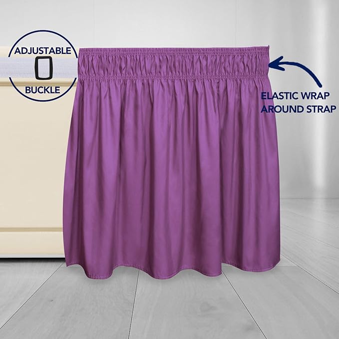 PureFit Wrap Around Ruffled Bed Skirt with Adjustable Elastic Belt - 22 Inch Drop Easy to Put On, Wrinkle Free Bedskirt Dust Ruffles, Bed Frame Cover for Queen, King and C-King Size Beds, Purple