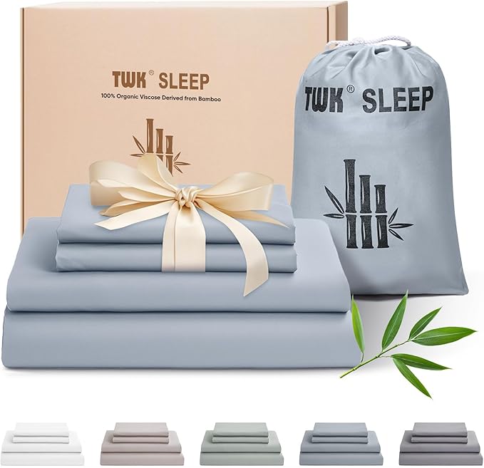 TWK Luxury Sheet Set, Genuine 100% Viscose Derived from Bamboo, Cooling & Breathable, Silky Soft, Bedding Sheets & Pillowcases (Sterling Blue, Queen)
