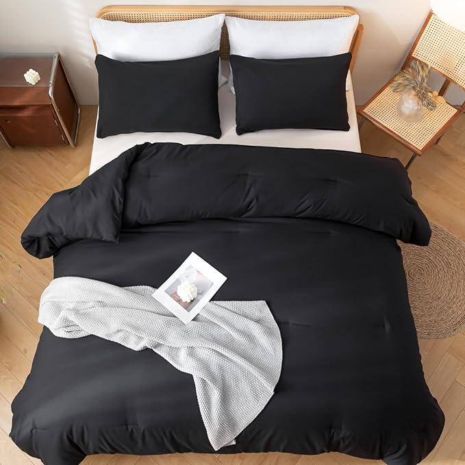 ROSGONIA California King Comforter Set Black, 3pcs (1 Boho Cal King Comforter & 2 Pillowcases), All Season Bedding Soft Bedspread Blanket Quilt
