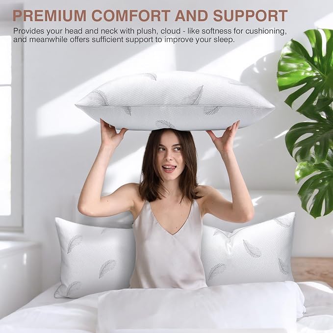 Goose Feather Pillows Bed Pillow - Hotel Down Pillows King Size Set of 2, Fluffy Support Surround Fill Polyester for Back, Stomach, Side Sleepers