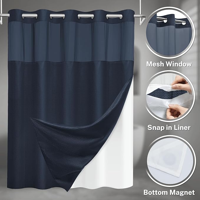 No Hook Shower Curtain with Snap in Liner Set Waffle Shower Curtain for Bathroom Hotel Style Fabric Waterproof Inner Liner，71" W x 86" H, Navy Blue