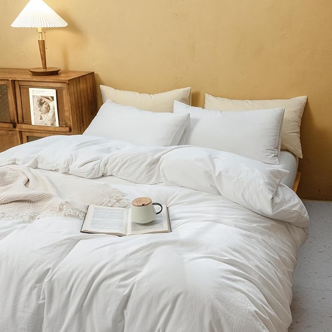 FOSSA Duvet Cover Set 100% Washed Cotton Linen Feel Super Soft Breathable Cozy 3 Pieces Bedding Sets Solid Off White Super Queen