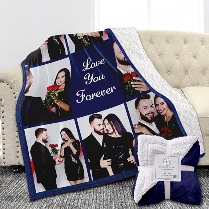 Custom Sherpa Fleece Blanket with Photos and Text - Soft Warm Fuzzy Personalized Couples Gift for Boyfriend Girlfriend - Customized Picture Blanket for Birthday Anniversary Christmas