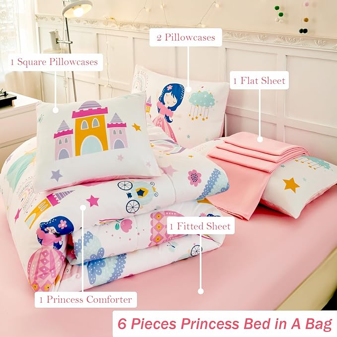 ANGIYUIN Princess Fairy Tales Full Comforter Set for Girls Cartoon Rainbow Love Kids Bed in A Bag with Sheets Cute and Soft Bedding Comforter Set for All Season(Princess, Rainbow, Castel, White)