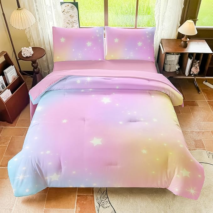 Rainbow Bedding Set Twin Size – 5 Piece Reversible Girls Comforter with Deep-Pocket Sheet, Gradient Galaxy Design, Whole-Piece Filling, Machine Washable Bed-in-a-Bag for Kids Room Makeover & Gifts