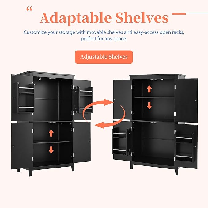 Freestanding Storage Cabinet with 4 Doors,Elegant Organizer Unit with Adjustable Shelves, Sturdy MDF Frame, Anti-Tipping Design, Large Capacity for Bathroom, Kitchen, Office, Home, Black