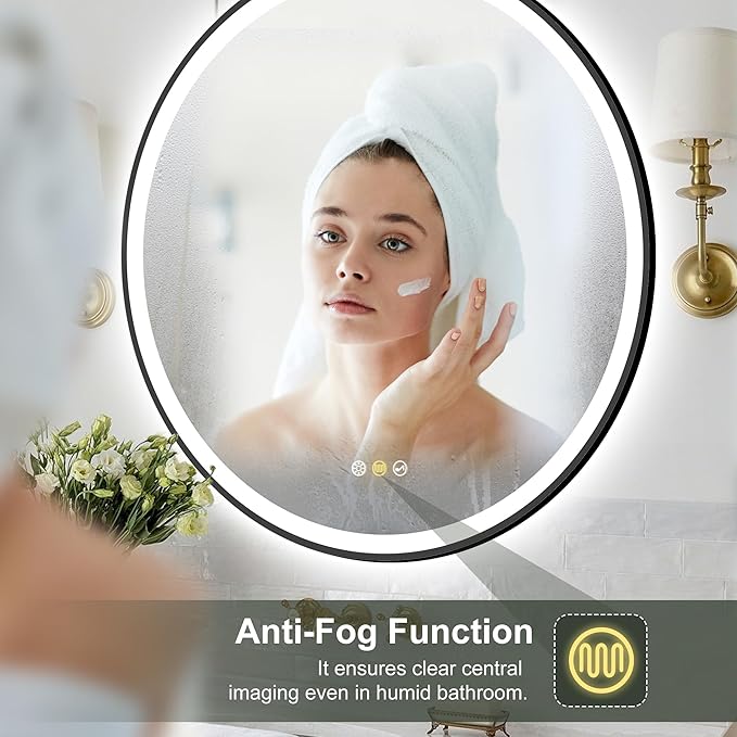 S·BAGNO 36’’ Round Led Bathroom Mirror with Lights, Bathroom Vanity Wall Mirror with Buletooth, Anti-Fog, Stepless Dimmable, 3 Colors, Tempered Glass Lighted Makeup Mirror for Bathroom