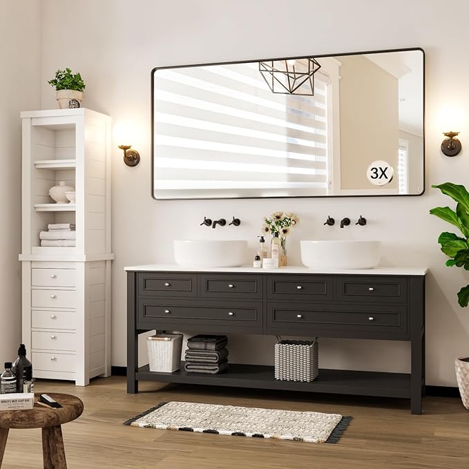 72X36 Inch Black Metal Framed Bathroom Mirror for Wall, Rounded Rectangle Vanity Mirror, Environmentally Friendly, Anti-Rust