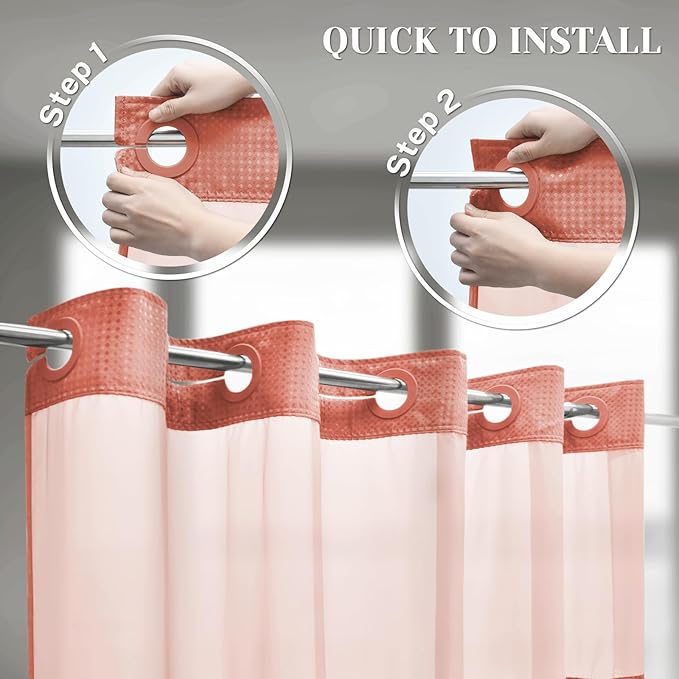 No Hook Shower Curtain with Snap in Liner Set Waffle Shower Curtain for Bathroom Hotel Style Fabric Waterproof Inner Liner，71" W x 74" H, Coral