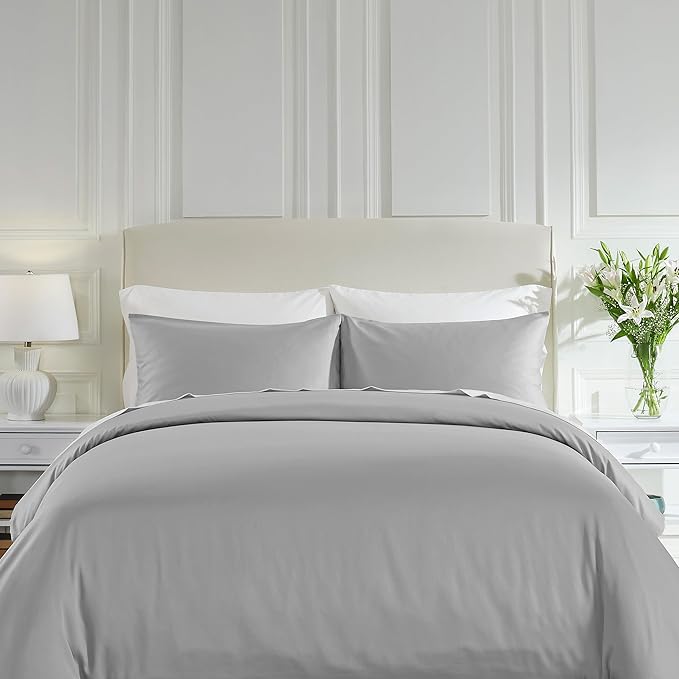 California Design Den 3 Pc Duvet Cover Set Queen Size/Full Size - Winner Good Housekeeping Best Bedding Awards 2025, 400 Thread Count Sateen, 100% Cotton, Button Closure, Corner Ties - Light Grey