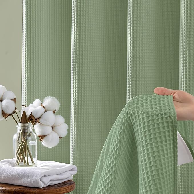 River Dream Sage Green Fabric Shower Curtain Set, Cotton Blend, Waffle Weave, with Snap in Replacement Liner，54 x 80 inches