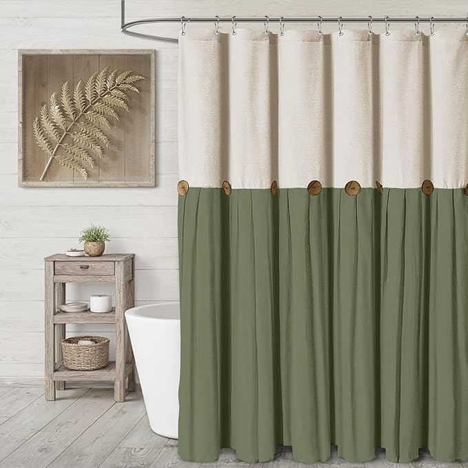 Farmhouse Shower Curtain Linen Bow Woven Fabric Country Rustic Western, Cream & Green 72" W x 72" L