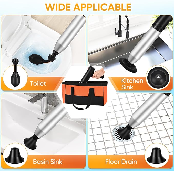 Electric Toilet Plunger, Drain Unclogger Plungers High Pressure Air Drain Blaster with Drain Auger, Splash-free Plungers for Bathroom, Plumbing Snake for Toilet, Clog Remover Heavy Duty(Black)