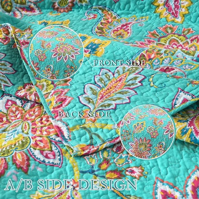 Cotton Bedspread Bedding Coverlet Quilt Sets, Reversible Vintage Branch Floral Bedspread comforters, (Vintage Turquoise Paisley Floral Pattern, Queen Size)