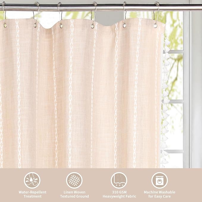 MitoVilla Boho Extra Long Shower Curtain 72 x 96, Cream Modern Farmhouse 96 inch XL Polyester Linen Texture Tassel Fabric Shower Curtain Set with Hooks for Cottagecore Country Bathroom Decor,Cream