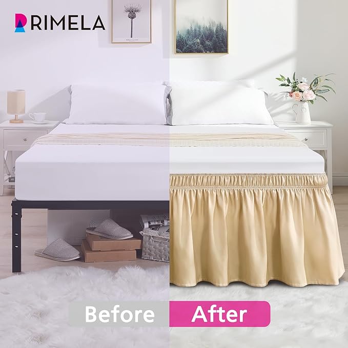 RIMELA Beige Bed Skirt King Size 15 Inch Drop, Wrap Around Elastic Bedskirt, Dust Ruffle for Adjustable Bed Base Machine Washable Easy to Install Bed Skirts