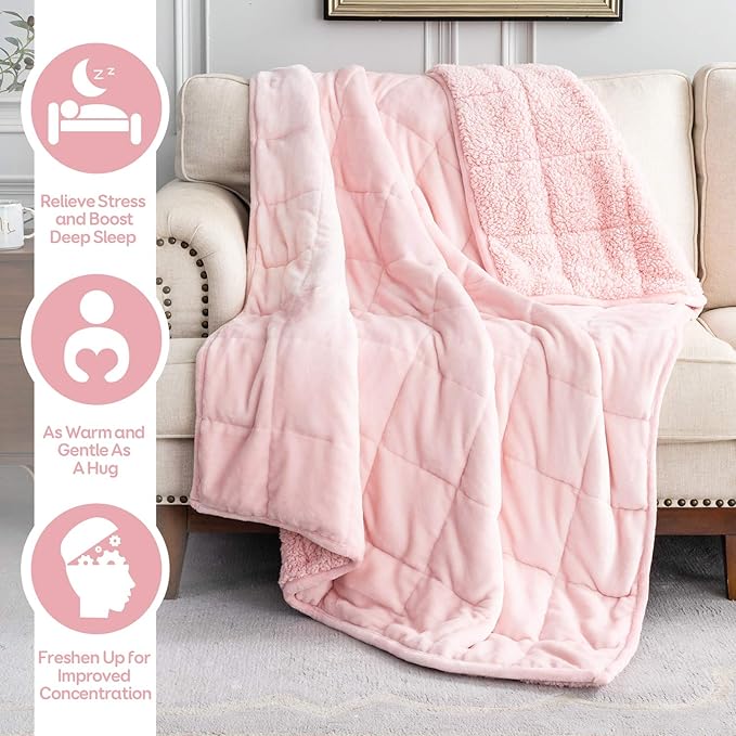 Sherpa Fleece Weighted Blanket 20lbs for Adults, Fluffy Cozy Plush Blanket 20 pounds, Queen Size Weighted Blankets 60”x80”, Warm and Cozy Hug Blanket for Queen/King Size Bed, Blush Pink