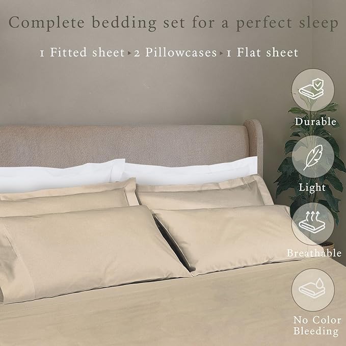 Threadmill 100% Cotton Sheets Deep Pocket/Soft/Fade Resistance, 500 Thread Count, Solid 4-Piece Full Size Bed Sheet Set (1 Flat, 1 Fitted Sheet, 2 Pillow Covers), Beige
