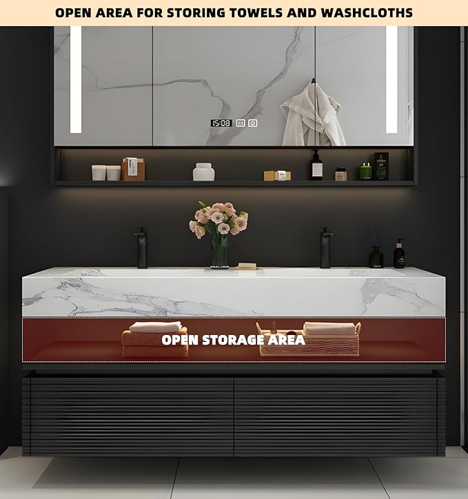 Double Sink Bathroom Vanity, Floating Bathroom Vanity with LED Smart Defogging Mirror and One-Piece Sink, Modern Bathroom Vanities with Open Floating Shelf, Rock Countertop & Faucet (White,96")