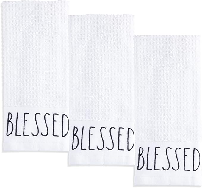 Rae Dunn Set of Hand Towels for Kitchen and Bathroom, 100% Cotton, Embroidered Dish Towels, Decorative Hand Towels, White- Blessed, 3 Pack