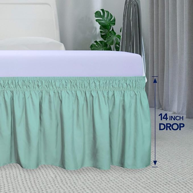PureFit Wrap Around Ruffled Bed Skirt with Adjustable Elastic Belt - 14 Inch Drop Easy to Put On, Wrinkle Free Bedskirt Dust Ruffles, Bed Frame Cover for Twin, Twin XL and Full Size Beds, Baby Blue