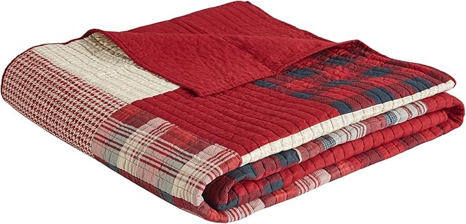 Woolrich Sunset Reversible Quilt Set - Cottage Styling Reversed to Solid Color, All Season Lightweight Coverlet, Cozy Bedding Layer, Matching Shams, Oversized Full/Queen, Plaid Red 3 Piece