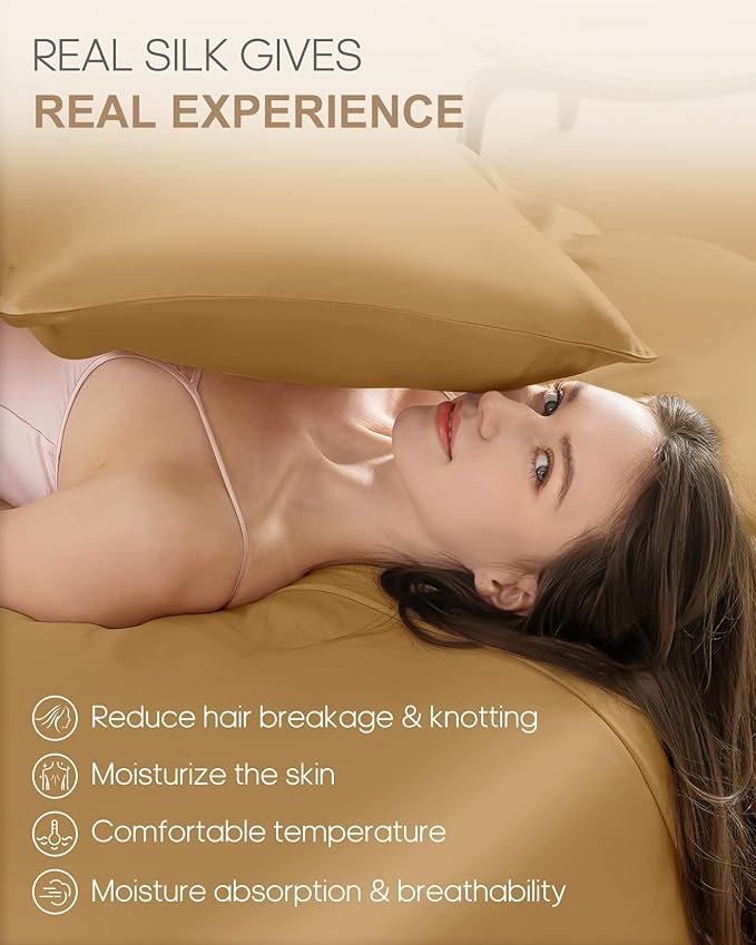 THXSILK 100% Pure Mulberry Silk Pillowcase for Hair and Skin, 22 Momme Zipper Silk Pillow Case Standard Size, Real Silk Pillowcase with Zipper, Anti Aging Acne Free (Metallic Gold, Standard 20"x26")