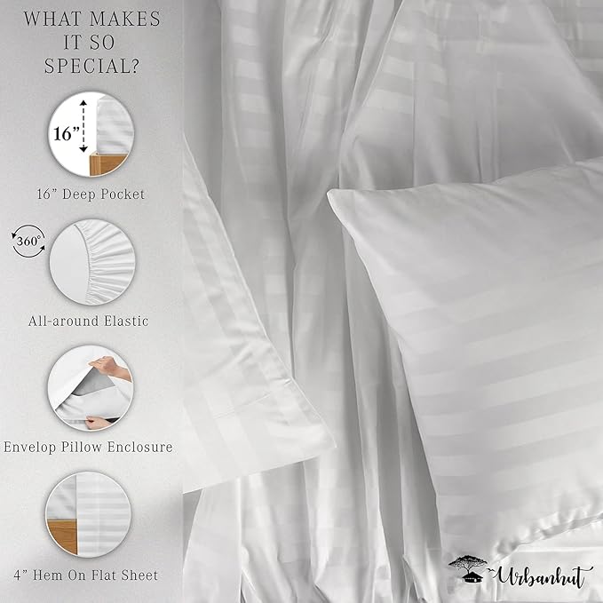 URBANHUT 1000 Thread Count Egyptian Cotton Sheets Damask Striped Full Size, Long Staple Soft & Breathable, 4 Pc Bed Sheet Sets, Luxury Hotel Sateen Sheets Fits 16" Deep Pocket - White
