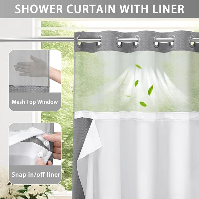 YellyHommy Stall No Hook Shower Curtain with Snap in Fabric Liner Set Less Time Grey Waffle Shower Curtain for Bathroom 75" L x 60" W