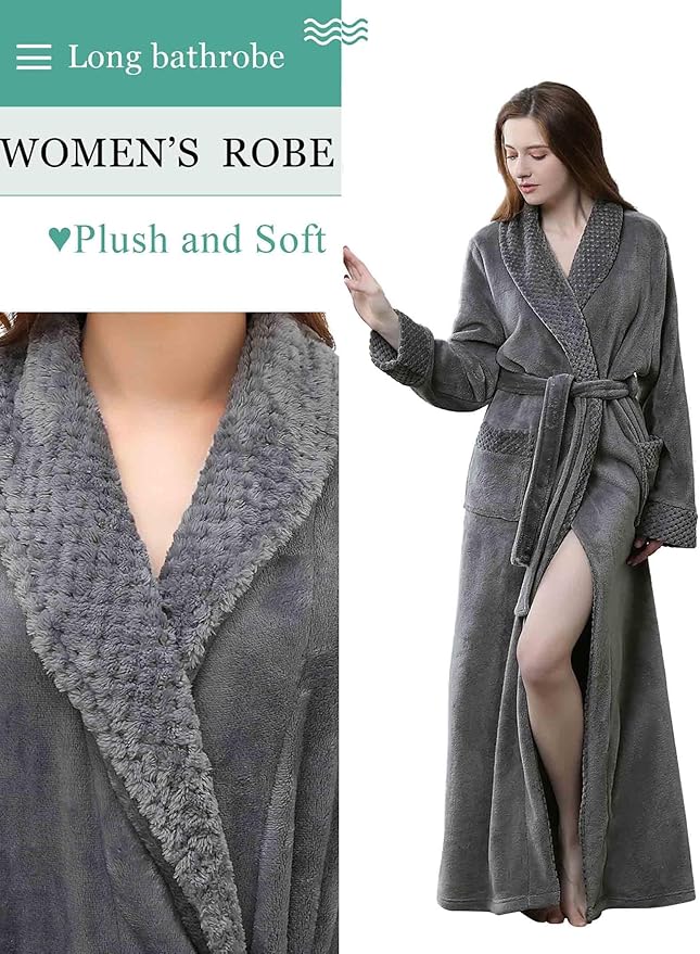 Artfasion Womens Long Fleece Robe - Warm Soft Floor Length Flannel Bathrobes for Winter Thicker Long House Coat with Pockets