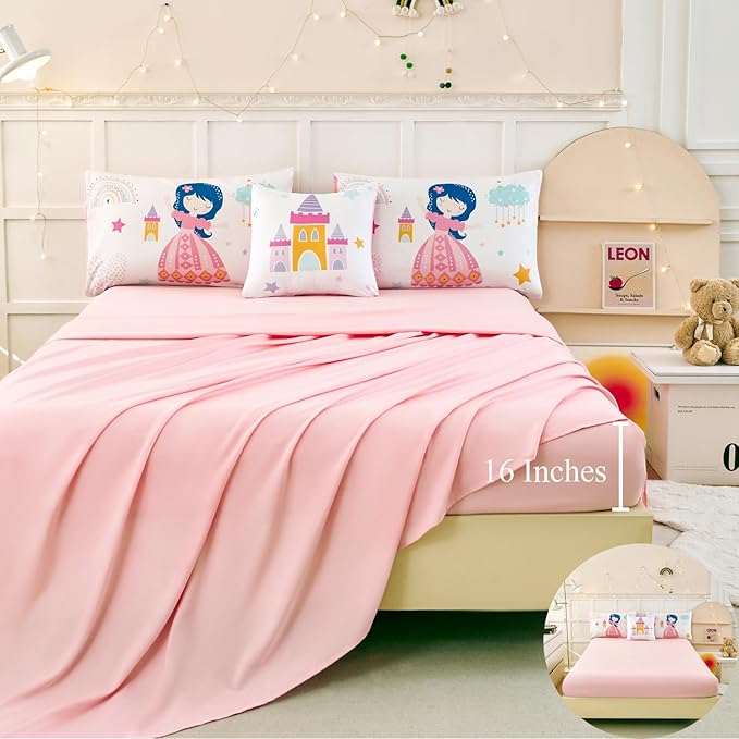 ANGIYUIN Princess Fairy Tales Bedding Set Queen Cartoon Rainbow Love Kids Bed in A Bag with Sheets Cute and Soft Bedding Comforter Set for All Season(Princess, Rainbow, Castel, White)