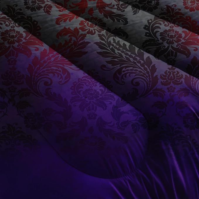 Black Purple Paisley Floral Victorian Gothic Comforter Set Queen，Gothic Bedding Set Queen Purple，with 1 Comforter with 2 Pillow Case，Halloween Room Decor for Bedroom