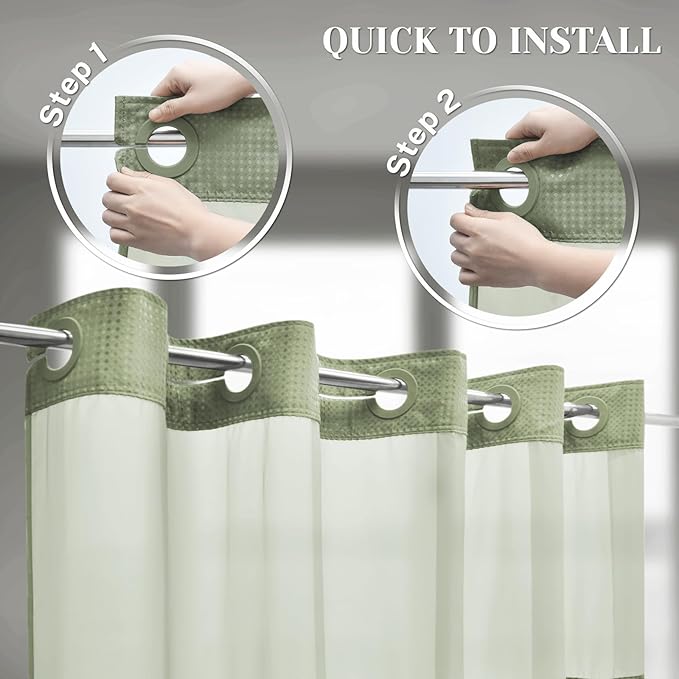 No Hook Shower Curtain with Snap in Liner Set Waffle Shower Curtain for Bathroom Hotel Style Fabric Waterproof Inner Liner，71" W x 86" H, Green