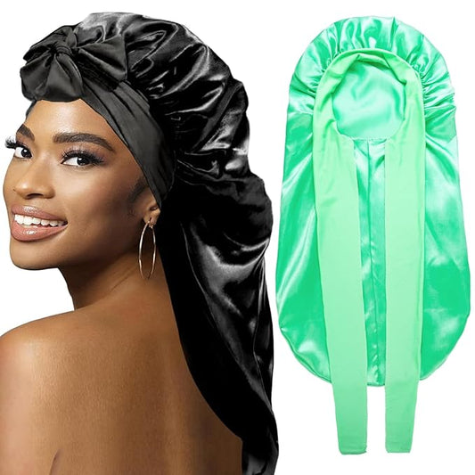 2Pcs Bonnets for Black Women Braid Bonnet, Large Long Satin Bonnet for Braids, Silk Bonnet with Stretchy Tie Band Sleep Cap Hair (2Pcs-Black&Green)