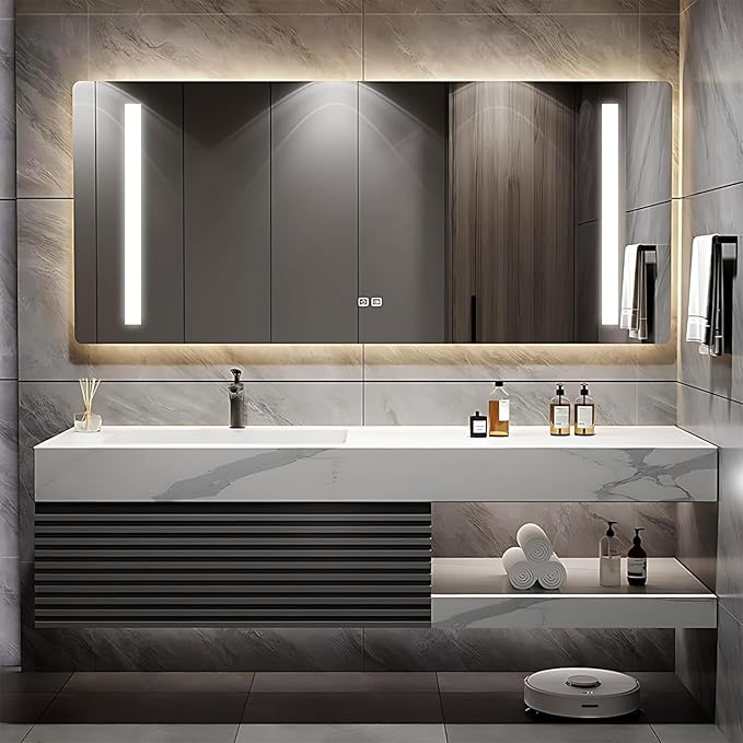 Bathroom Vanity 64 inch, Single Sink Floating Vanity Set Includes Anti-Fog LED Mirror Cabinet, Slate Countertop and Wall-Mount Sink Cabinet, Modern Bathroom Vanities(Greyish Black)