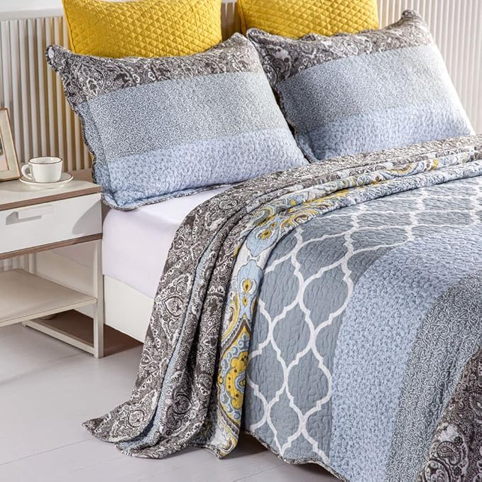 YAYIDAY Oversized Queen Quilt Set Patchwork Bedspread (110x118 Inch) - 100% Cotton Reversible Breathable Grey Quilted Coverlet with Pillow Shams Fit All Seasons
