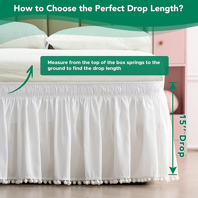 Biscaynebay Wrap Around Bed Skirts with Pompom for King Beds 15" Drop, White Adjustable Elastic Dust Ruffles Easy Fit Wrinkle & Fade Resistant Silky Luxurious Fabric Machine Washable