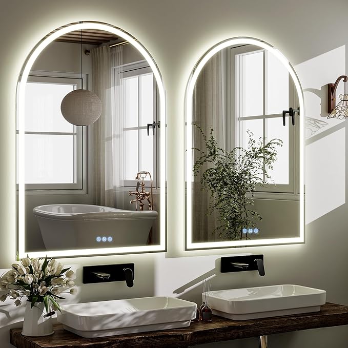 BEAUTYPEAK LED Arch Bathroom Mirrors with Lights, 40x30 Arch Mirror with Metal Frame, Anti-Fog,LED Mirror with Front Light and Backlit, Memory Function for Bathroom, Dressing Room