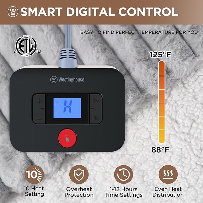 Westinghouse Electric Blanket Queen Size, Soft Luxury Faux Fur & Sherpa Heated Blanket with 10 Heating Levels & 1-12 Hours Auto Off, Fast Heating Blanket, Machine Washable, 84x 90 Inch Light Grey
