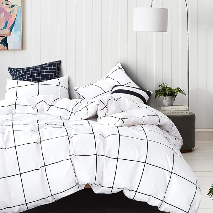 KAREVER White Grid Comforter Set Big Grid Bedding Set Full White Black Plaid Printed Stripes Women Checkered Comforters Bedding Set Girls White Grid Bed Blanket Set White Plaid Full Comforter