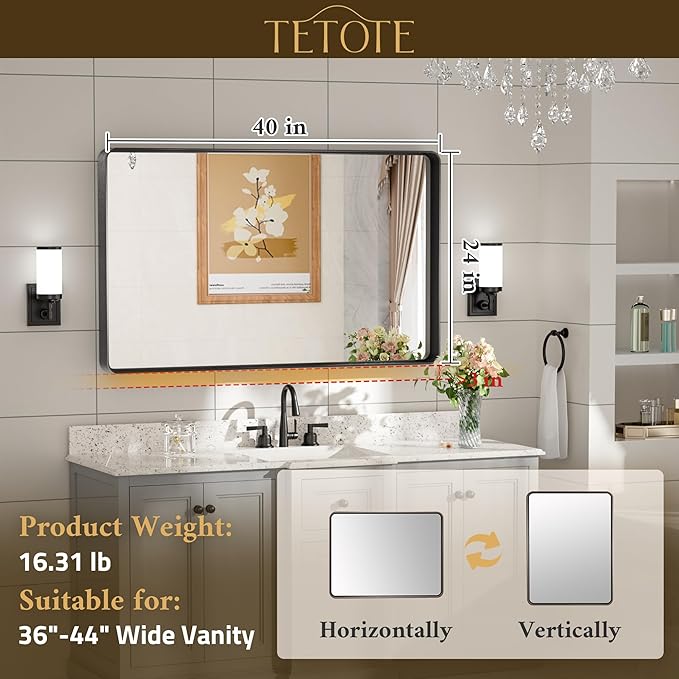 TETOTE Brushed Gold Bathroom Mirror, 40 x 24 Inch Metal Framed Mirror, Brushed Brass Rectangle Wall Mounted Golden Vanity Mirror (Horizontal/Vertical)