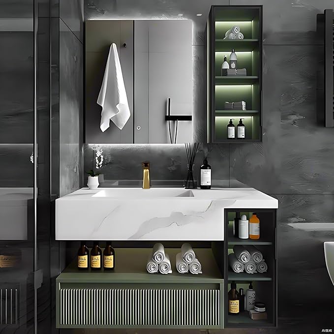 Floating Vanity for Bathroom, 36" Green Bathroom Vanity Set with LED Defog Mirror and Side Medicine Cabinet, Wall Mount Bathroom Storage Cabinet with Glass Door, Single Sink Bath Vanities - Green