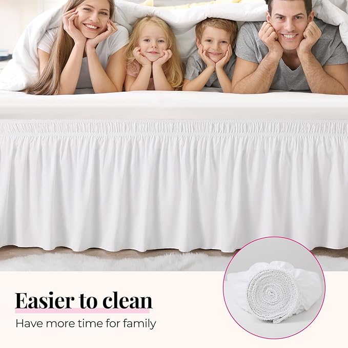 RIMELA Bed Skirting Queen Size White Bed Skirt 25 Inch Drop, Wrap Around Elastic Adjustable Bedskirt, Dust Ruffle for Bed Frame & Box Spring Soft Durable Fabric Machine Washable Easy to Install