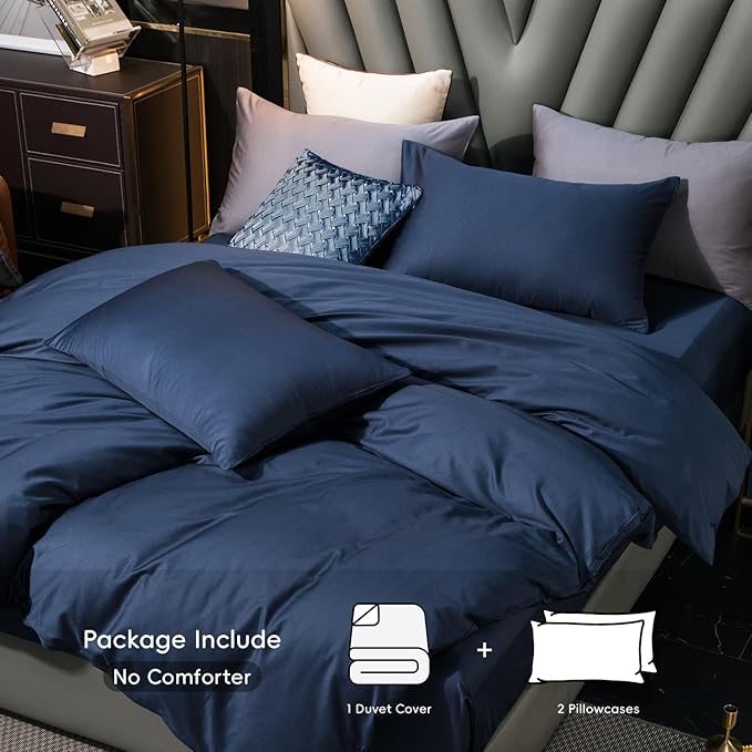 MooMee Duvet Cover Set 100% Extra Long Staple Cotton 600 Thread Count Silky Sateen Smooth Luxury Soft Breathable Durable Hotel Quality Bedding, 3 Pieces (Navy Blue, Queen 90"x90")