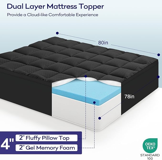 OLANLY Dual-Layer 4 Inch King Size Memory Foam Mattress Topper for Back Pain, 2 Inch Cooling Pillow Top Mattress Pad Cover and 2 Inch Gel Memory Foam Topper, Deep Elastic Pocket, Black