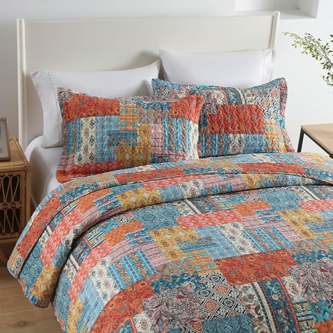 ENASAL Cotton Bedspread Quilt Bedding Sets Reversible Coverlet Comforters Vintage Bohemian Patchwork Pattern Bedspread for All Season, King Size