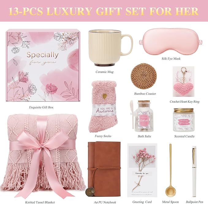 Get Well Gifts for Women Self Care Gift Basket - Birthday Gifts for Women Spa Care Package - Sympathy Inspirational Thinking of You Gift Set for Her Mom Sister Friend Wife Girlfriend (Pink)